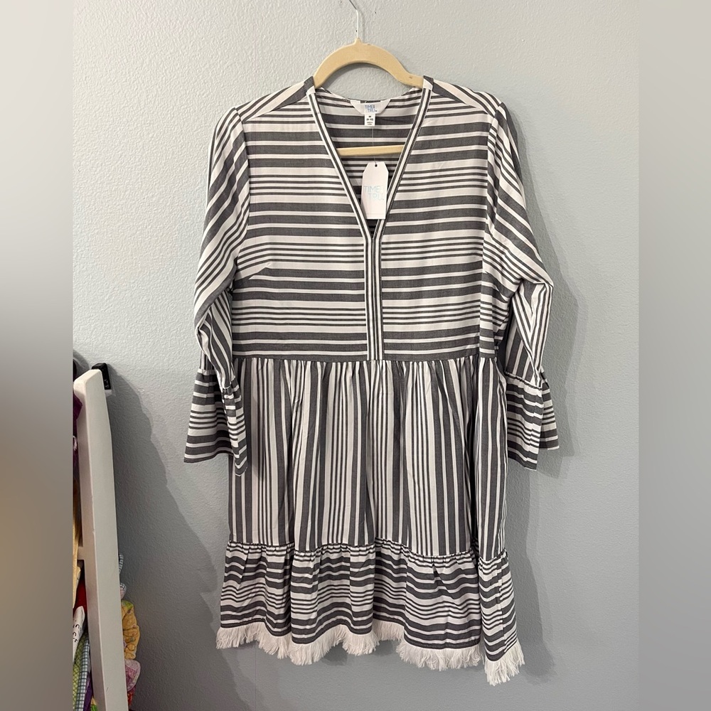 Time and Tru A-line Fringe Long Sleeve Dress in Dark Navy and White Size M NWT - Picture 3 of 9